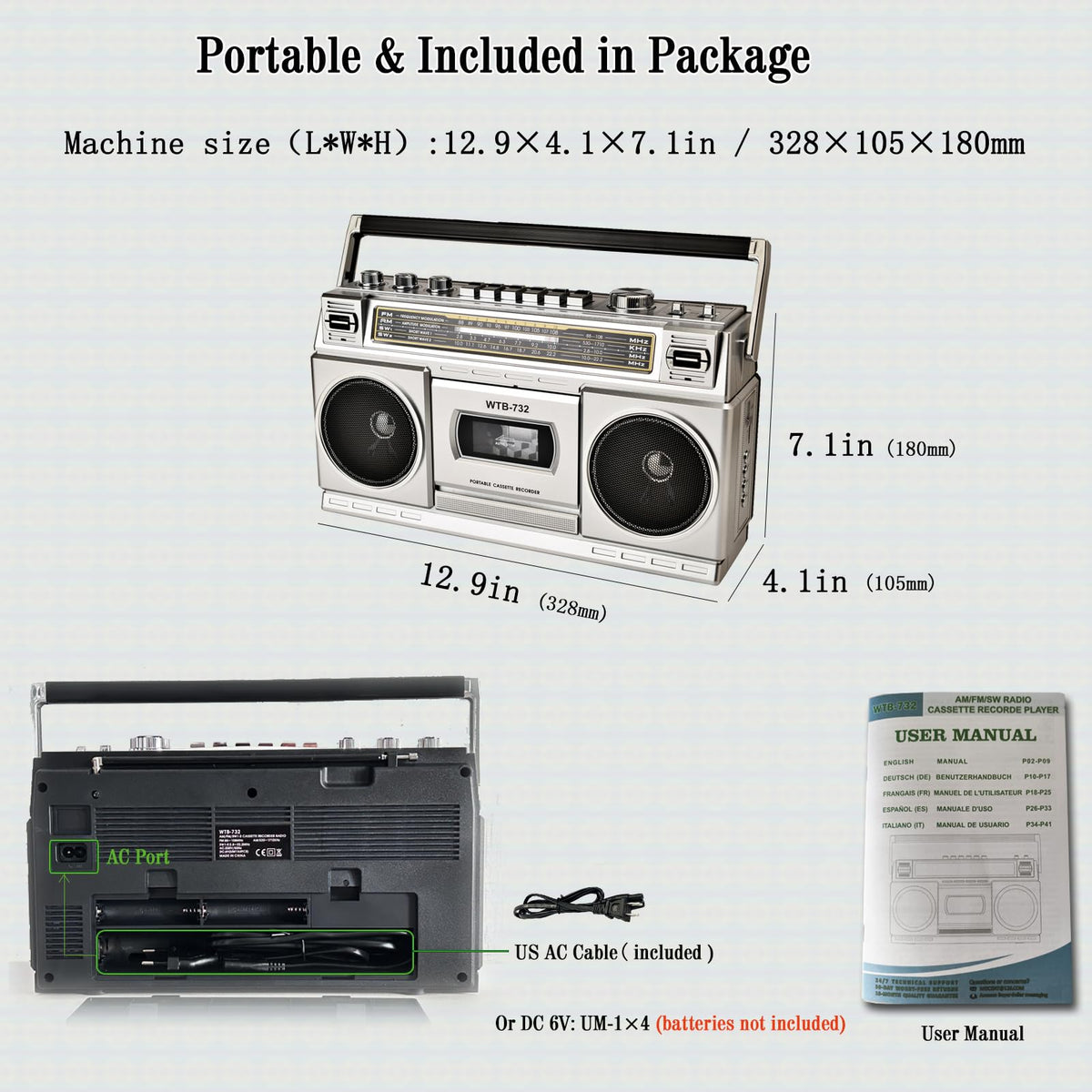 Portable Boombox with Cassette Player Recorder D73289