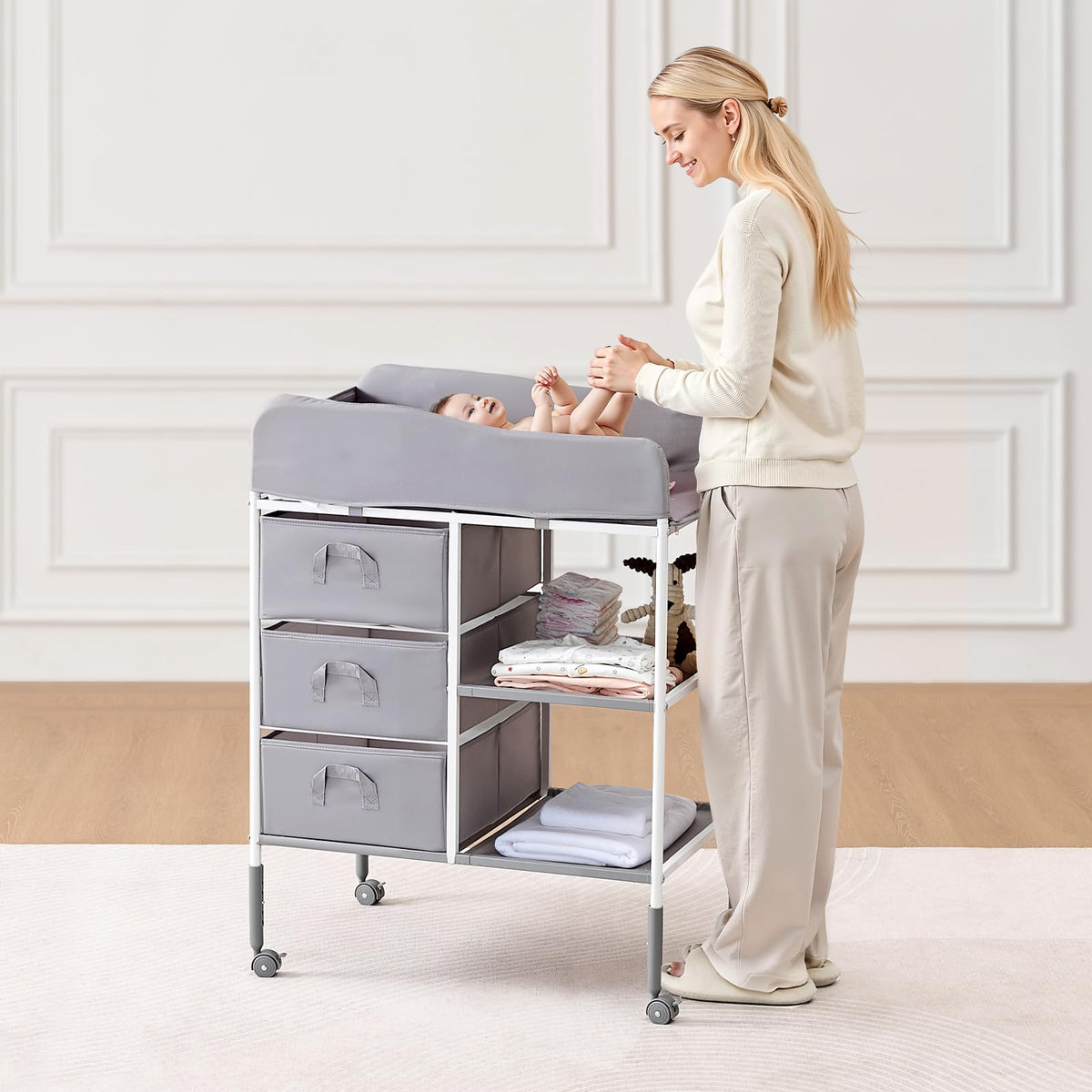 Adjustable Height Baby Changing Table with 3 Fabric Drawers A1233