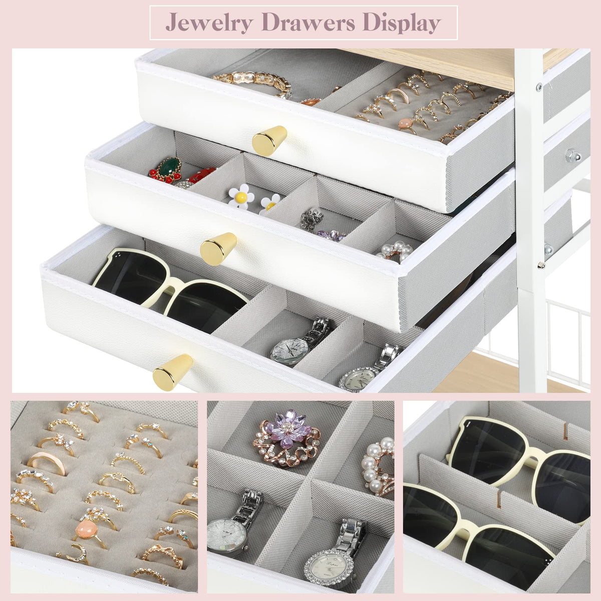 Large White 3 Drawer Floor Jewelry Organizer Stand B9720