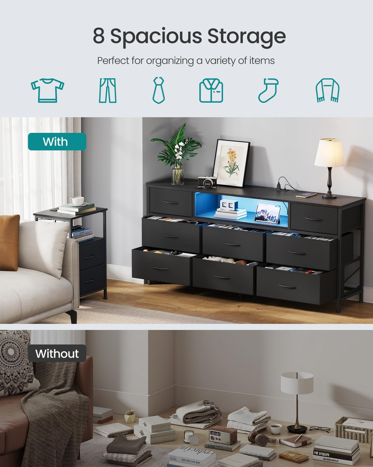 8 Fabric Drawers Dresser with Outlets & LED Lights N9065