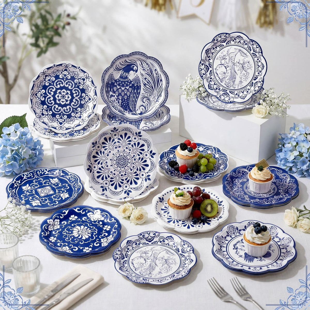 120 Pieces 7 Inch Blue Floral Paper Plates Q96056