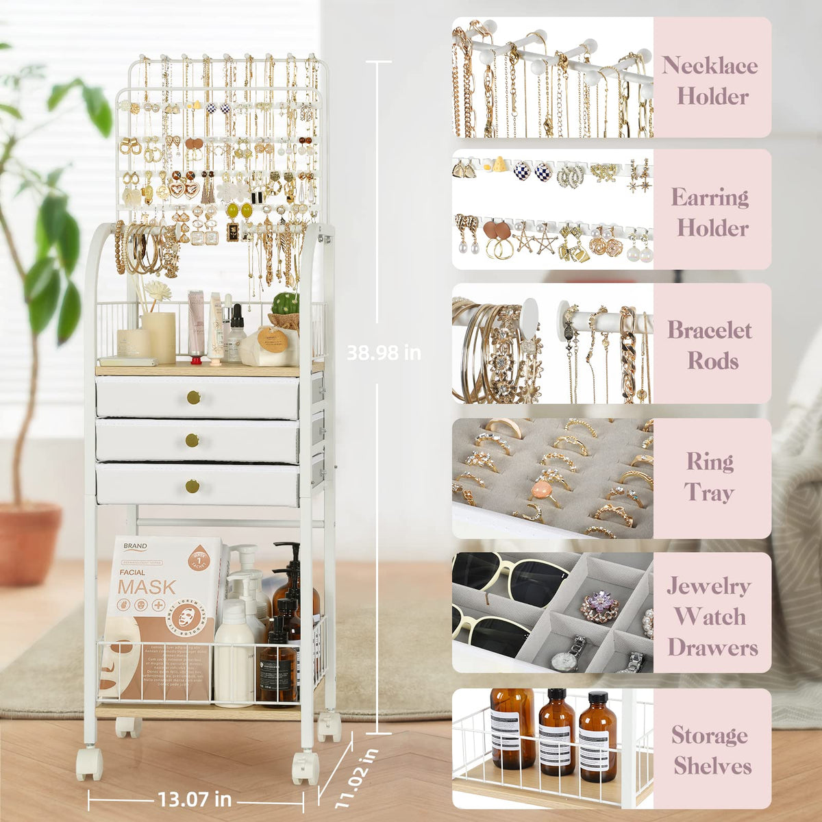 Large White 3 Drawer Floor Jewelry Organizer Stand B9720