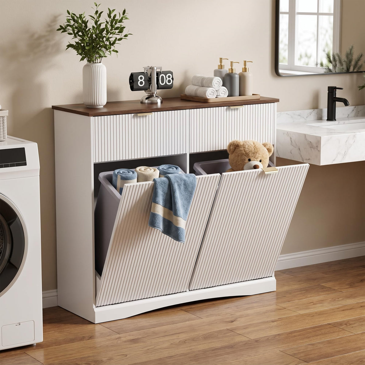 White and Dark Walnut Tilt Out Trash Cabinet N50935