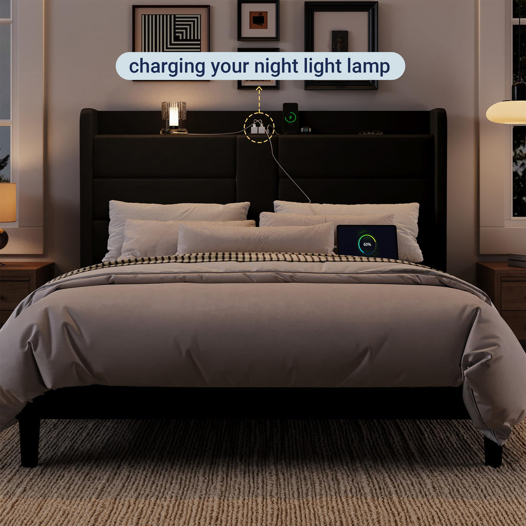 Queen Size Black Velvet Upholstered Platform Bed Frame with Storage Headboard T688