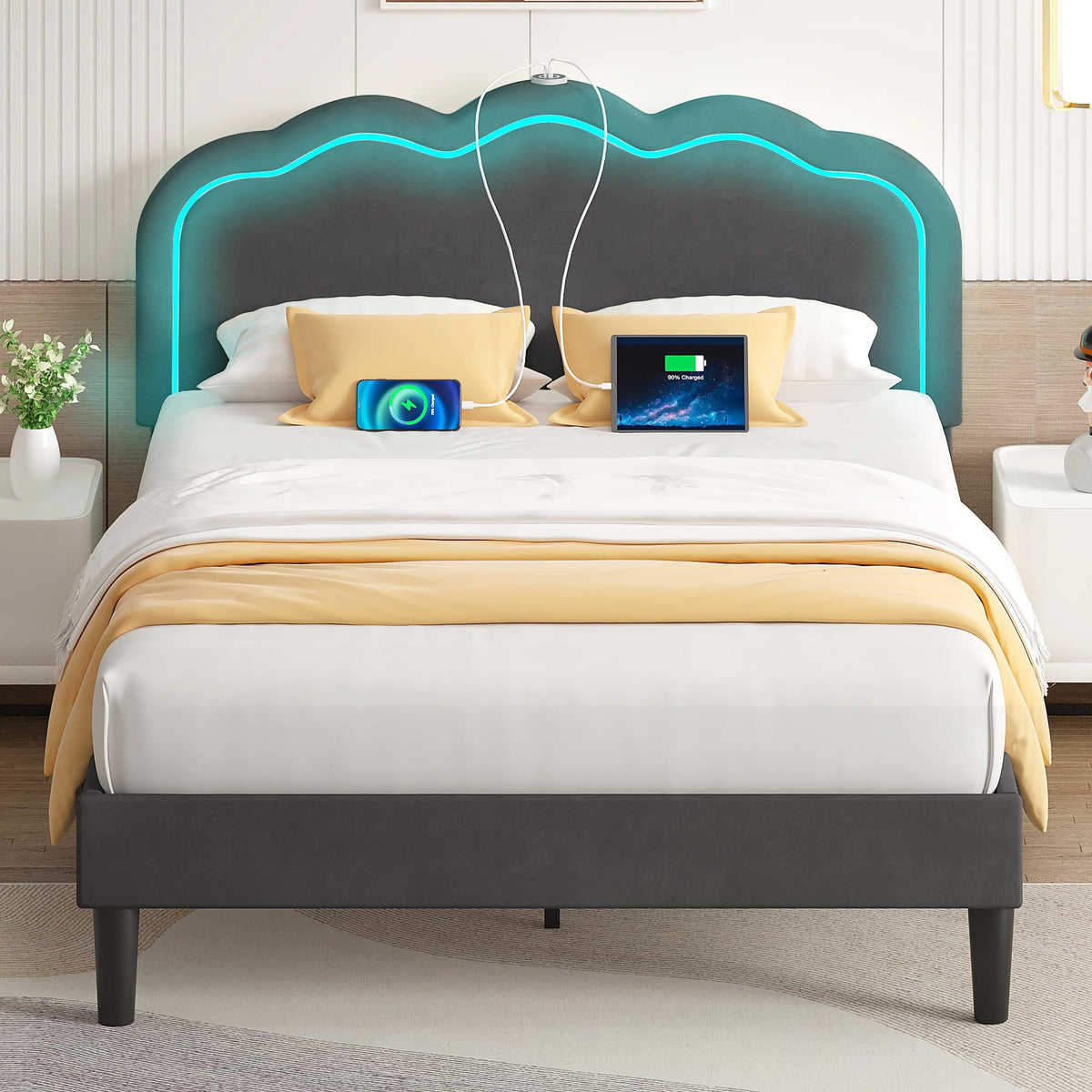Queen Size Velvet Upholstered Platform Bed Frame with Headboard W493