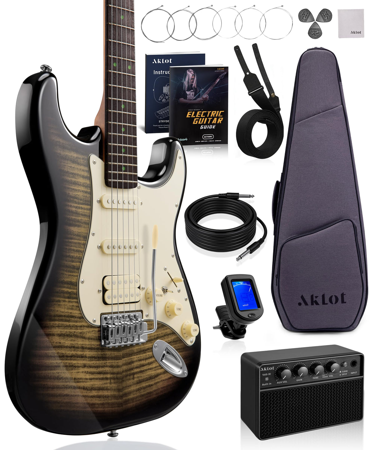 Beginner Electric Guitar Kit with 10W Amp, HSS Pickups, Gig Bag, Tuner, Strap, Picks, Black C577721