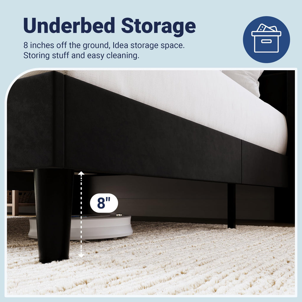 Queen Size Black Velvet Upholstered Platform Bed Frame with Storage Headboard T688