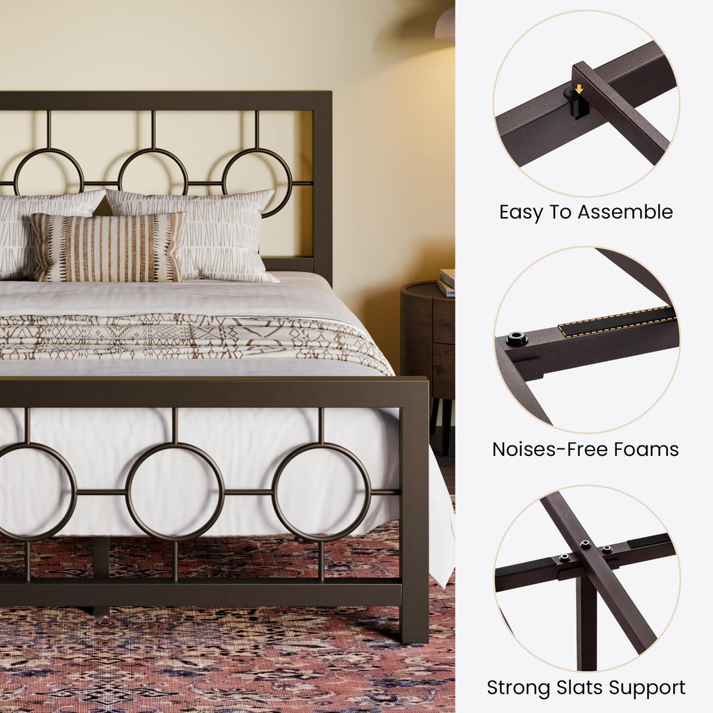 Full Size Brown Metal Bed Frame with Headboard and Footboard A4033