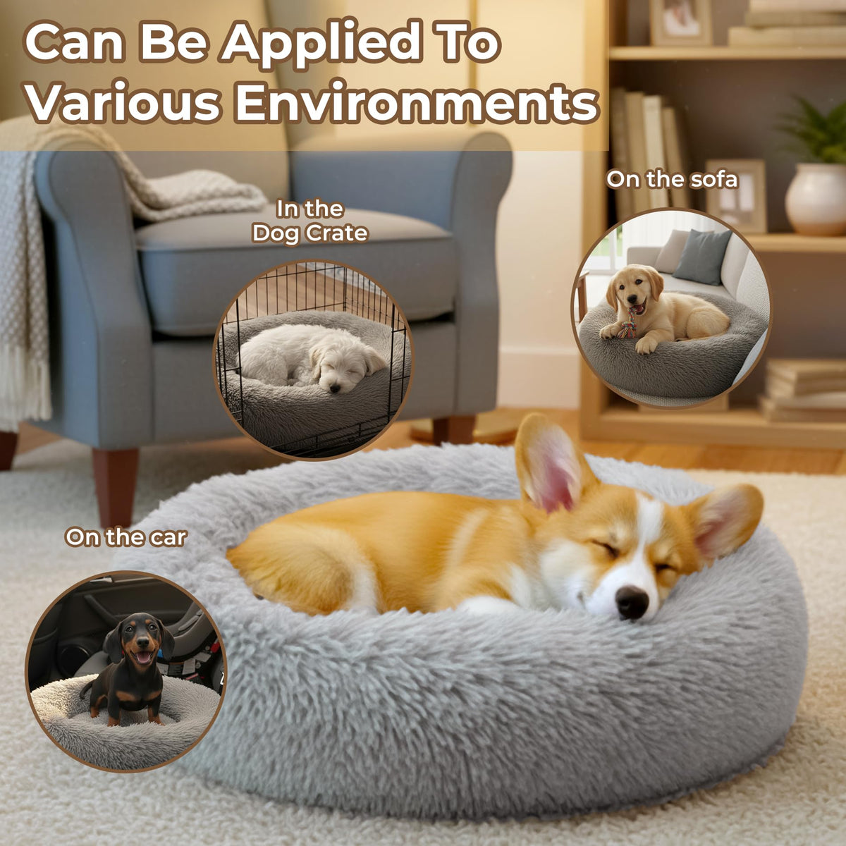 Round Fluffy Washable Anti-Anxiety Dog and Cat Bed Y56351