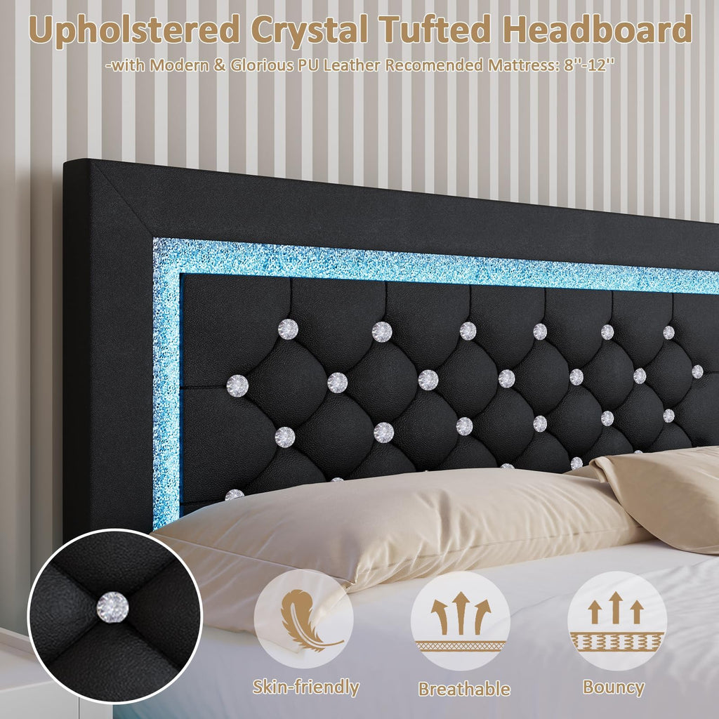 Black Full Floating Bed Frame with LED Lights and Tufted Headboard L393