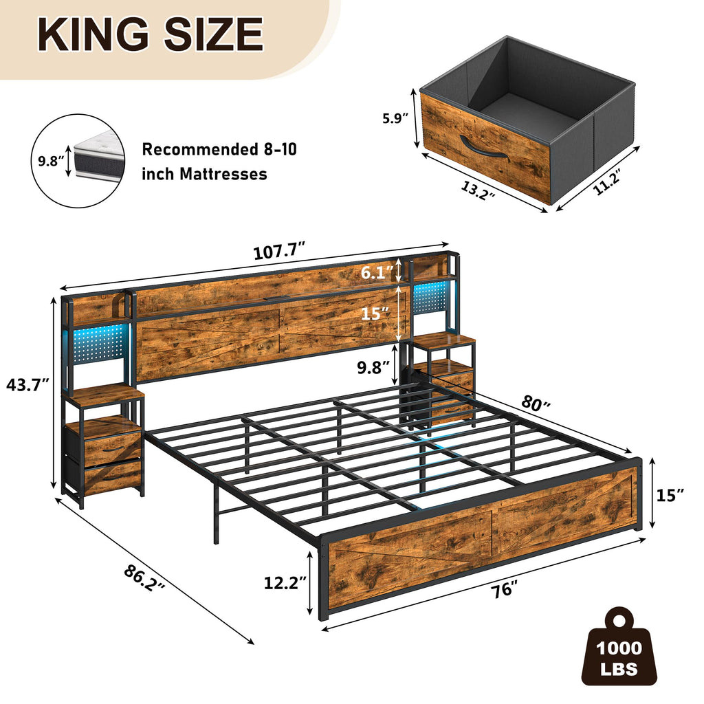 King Size Rustic Brown Bed Frame with Headboard and Nightstands Z365
