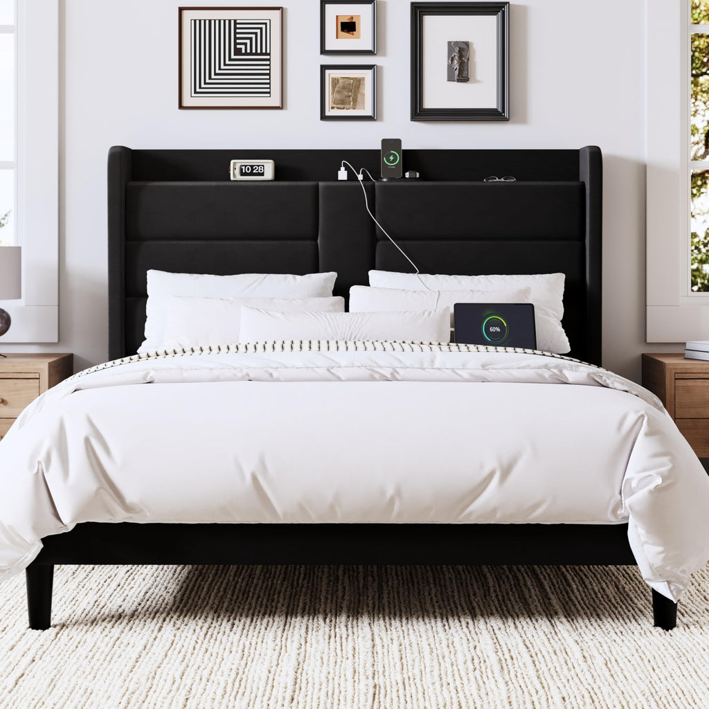 Queen Size Black Velvet Upholstered Platform Bed Frame with Storage Headboard T688
