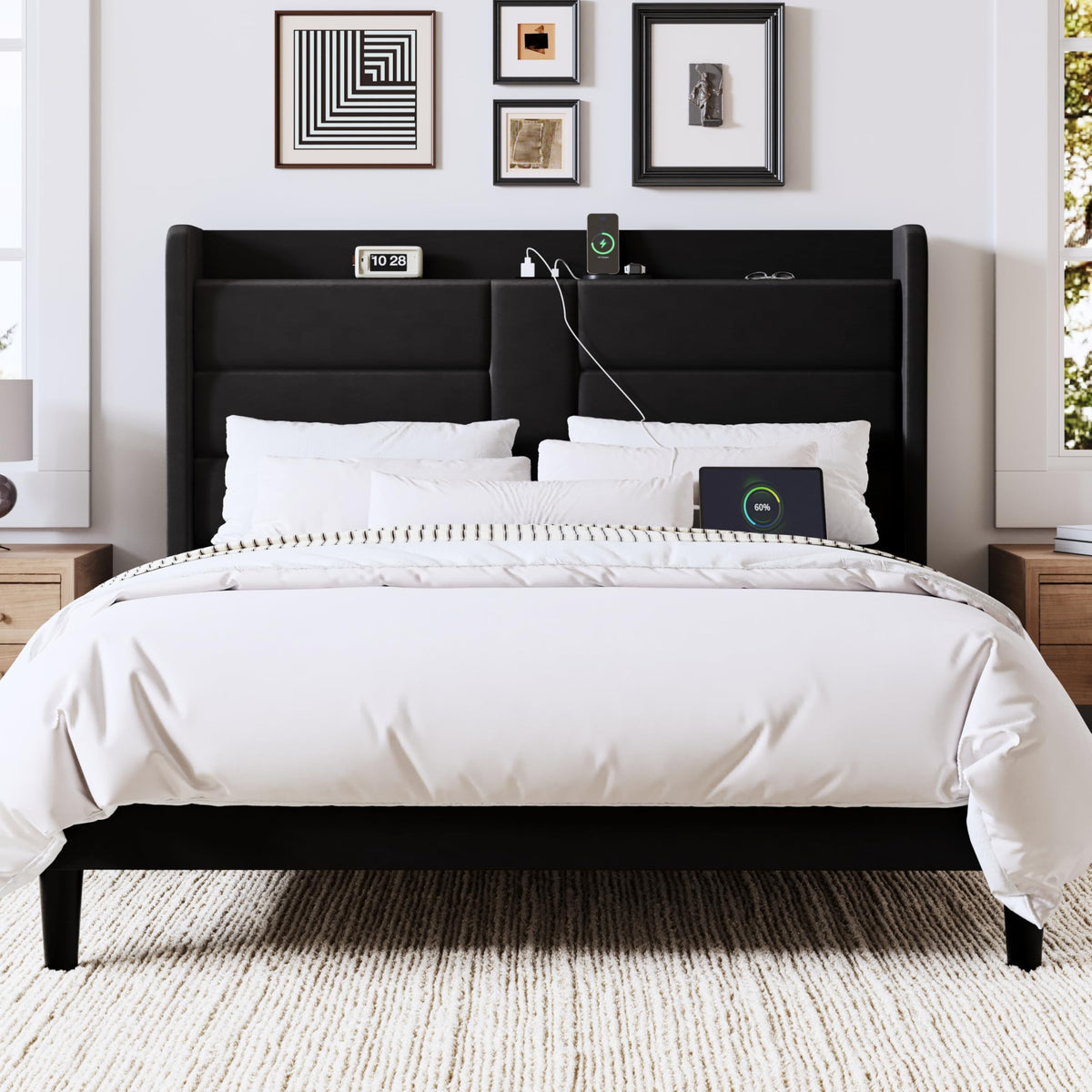 Queen Size Black Velvet Upholstered Platform Bed Frame with Storage Headboard T688