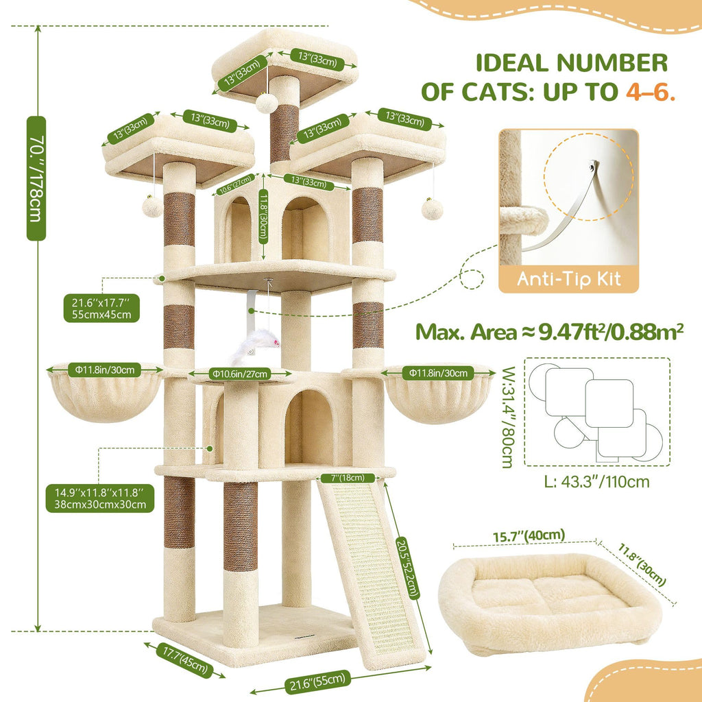 70 Inch Beige Cat Tower with Scratching Post F736952