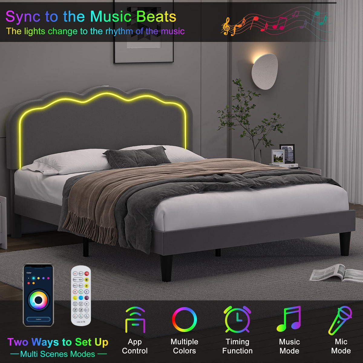 Queen Size Velvet Upholstered Platform Bed Frame with Headboard W493