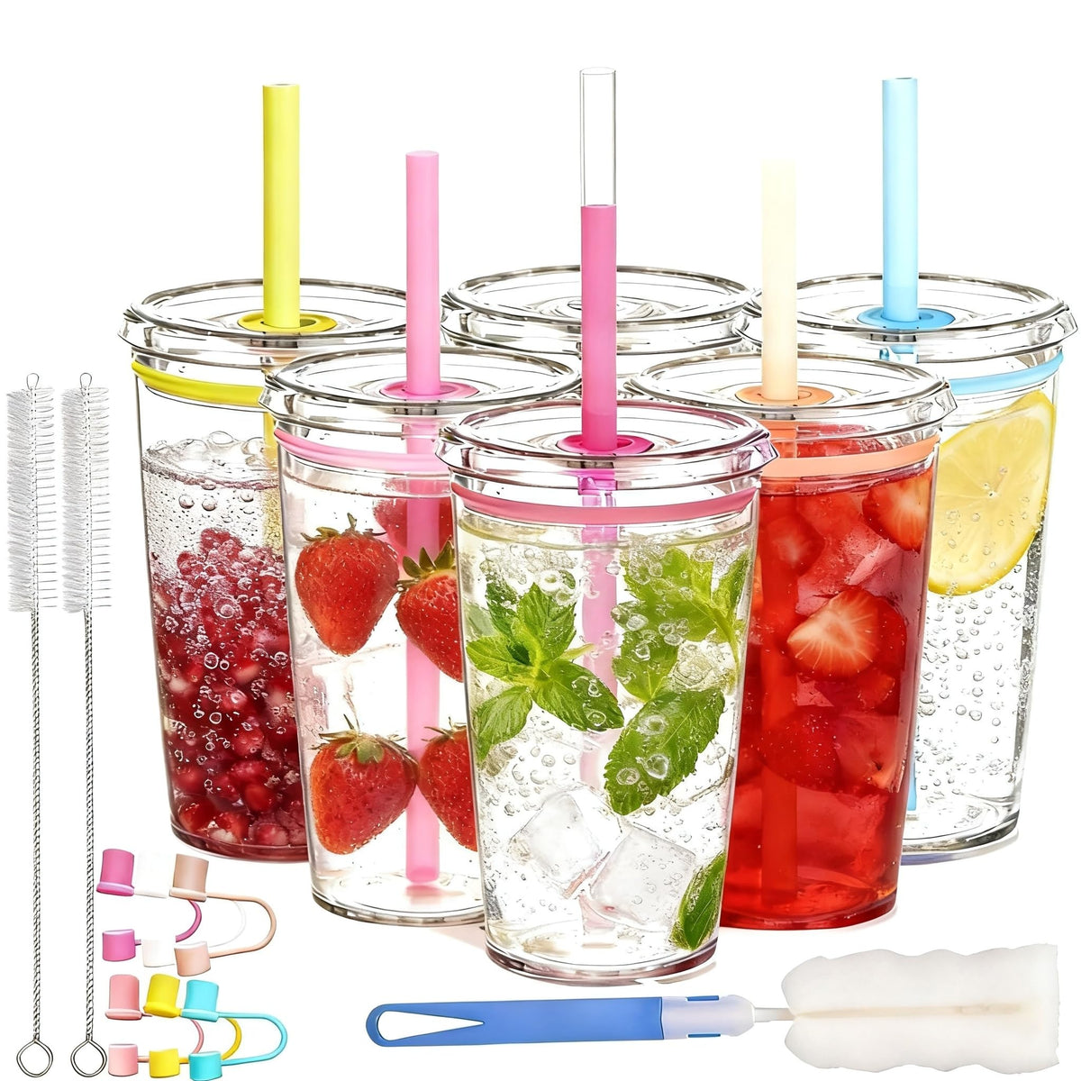 16 oz Plastic Tumbler Cup with Lid and Straw, 6 Pack K660534