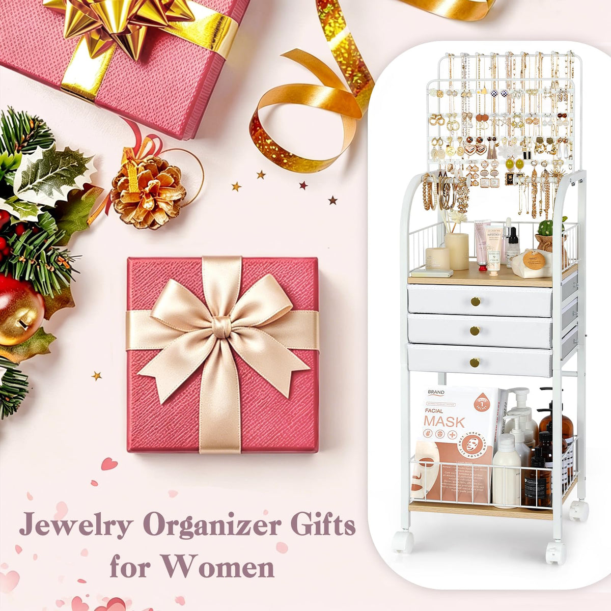 Large White 3 Drawer Floor Jewelry Organizer Stand B9720