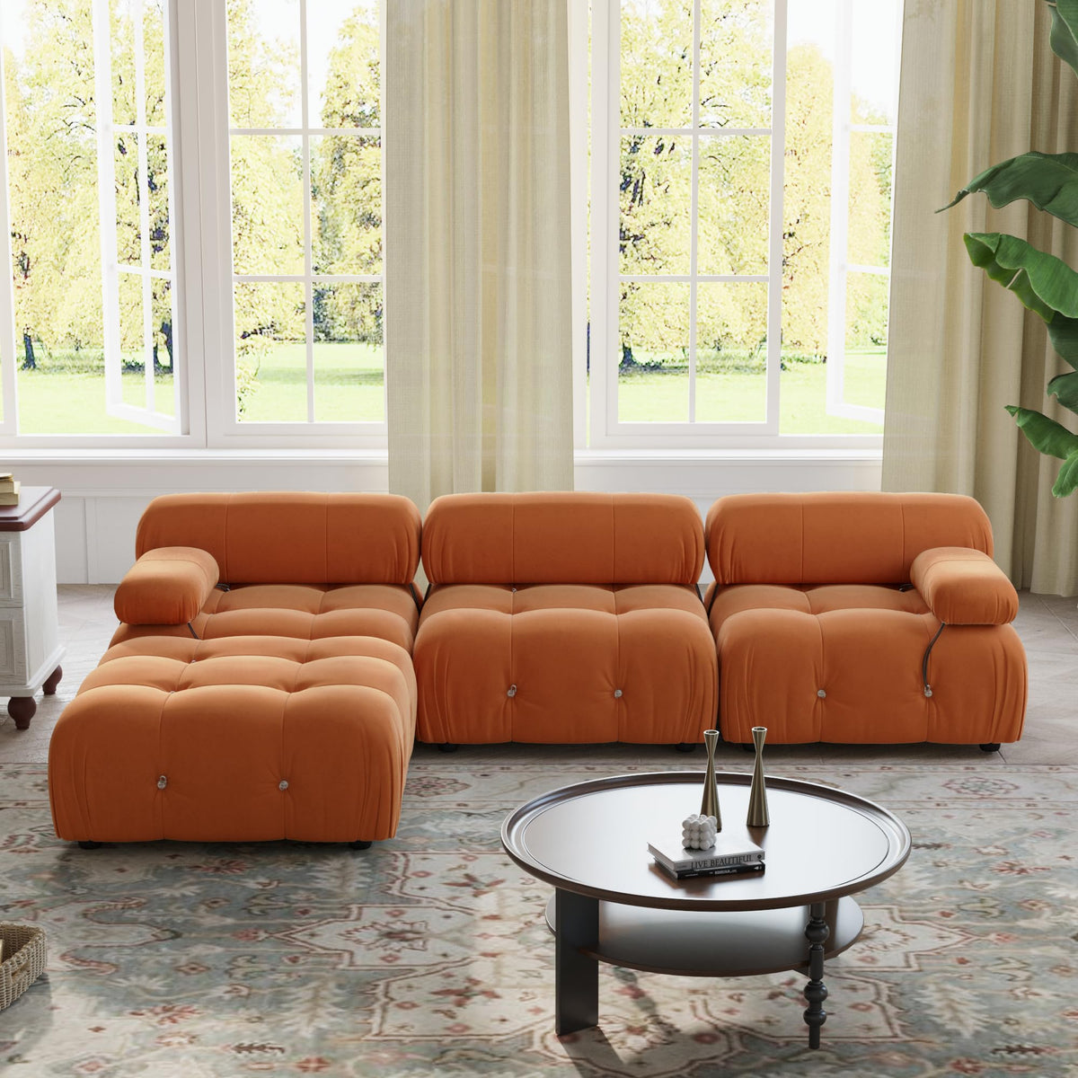 Orange Velvet L Shaped Sectional Sofa with Ottoman T289971