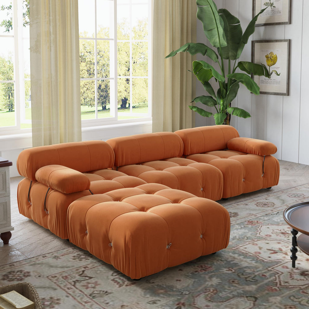 Orange Velvet L Shaped Sectional Sofa with Ottoman T289971