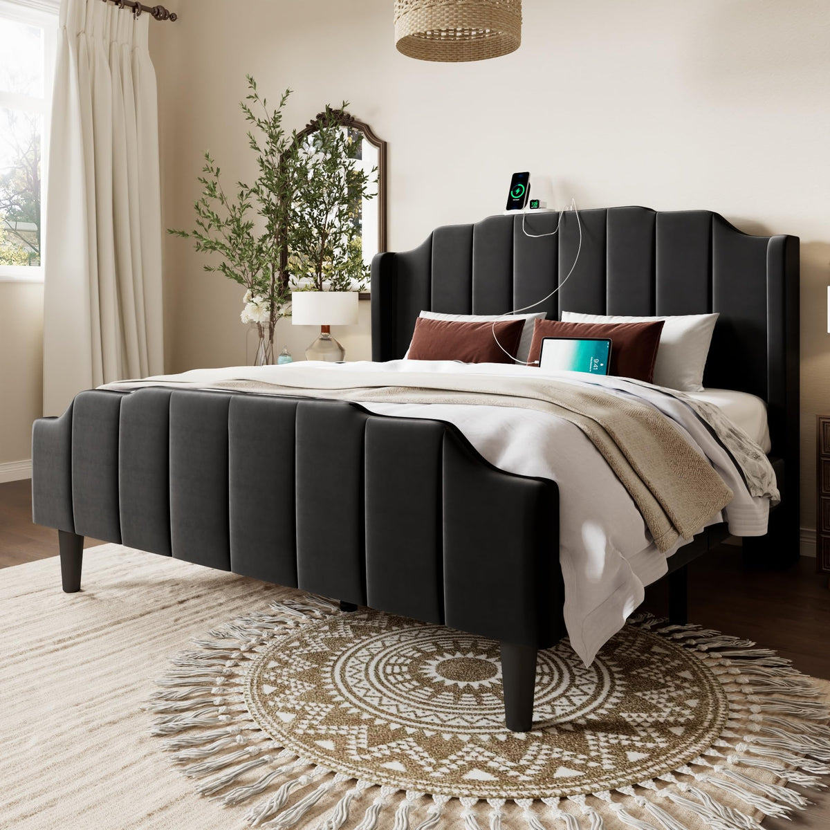Vintage Full Size Velvet Platform Bed Frame C4599