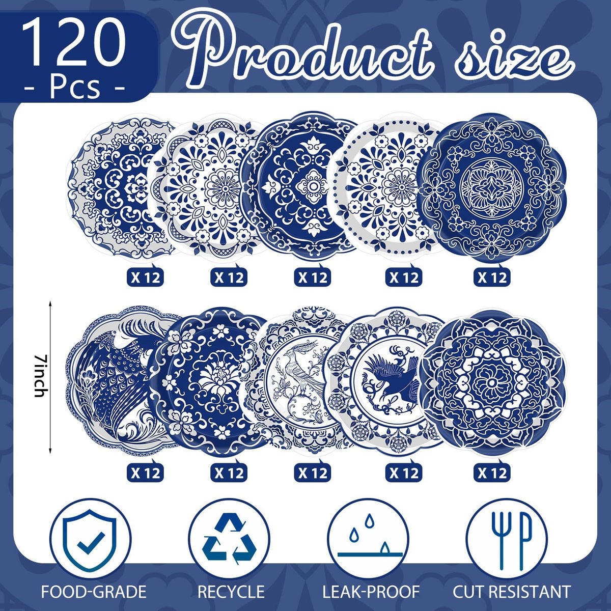 120 Pieces 7 Inch Blue Floral Paper Plates Q96056
