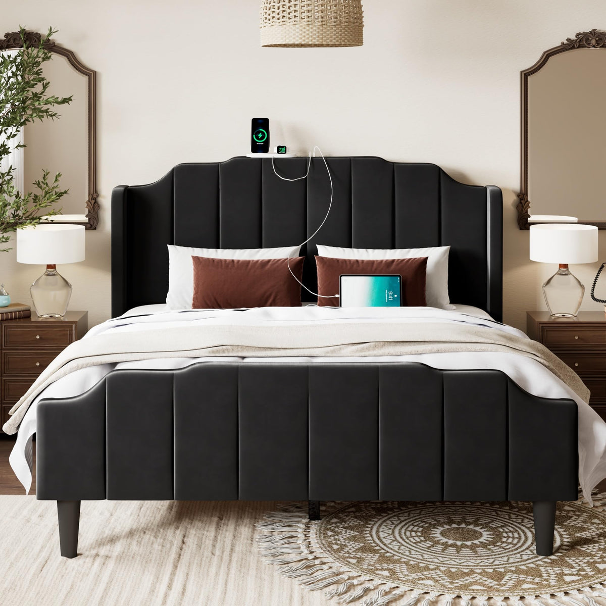 Vintage Full Size Velvet Platform Bed Frame C4599