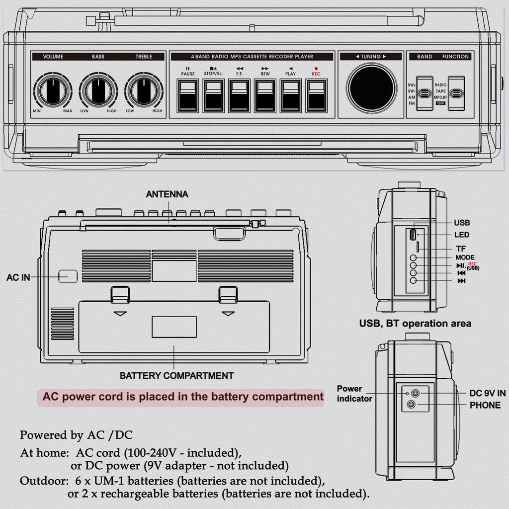 Portable Boombox with Cassette Player Recorder D73289
