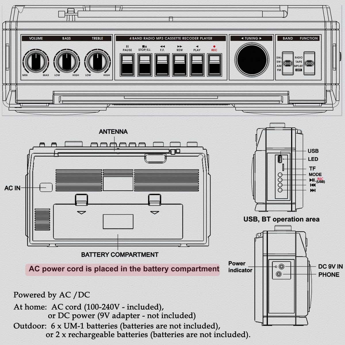 Portable Boombox with Cassette Player Recorder D73289