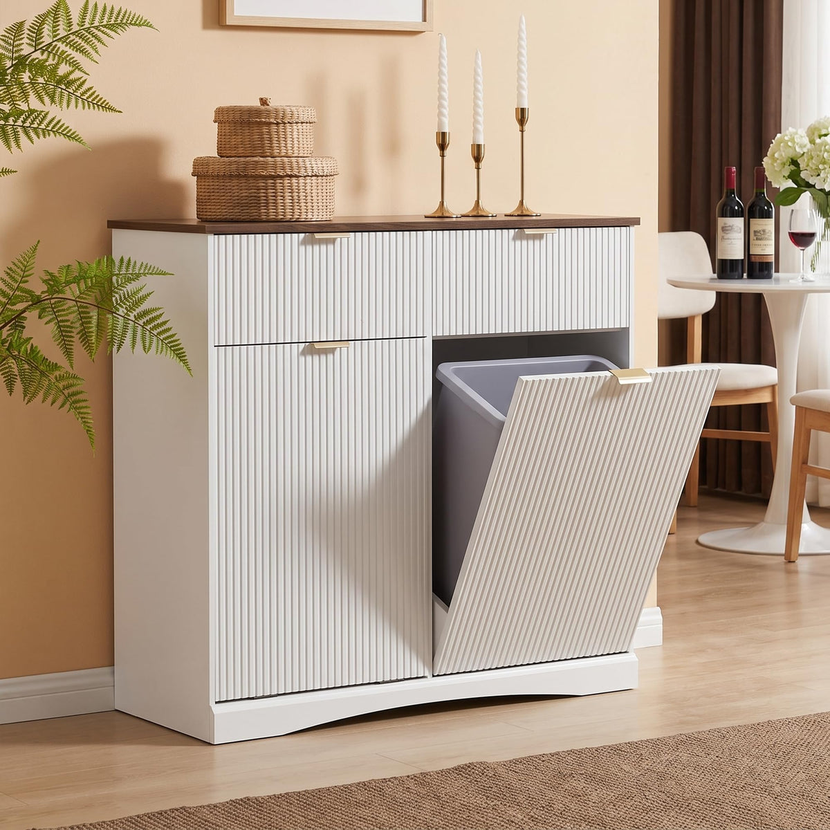White and Dark Walnut Tilt Out Trash Cabinet N50935