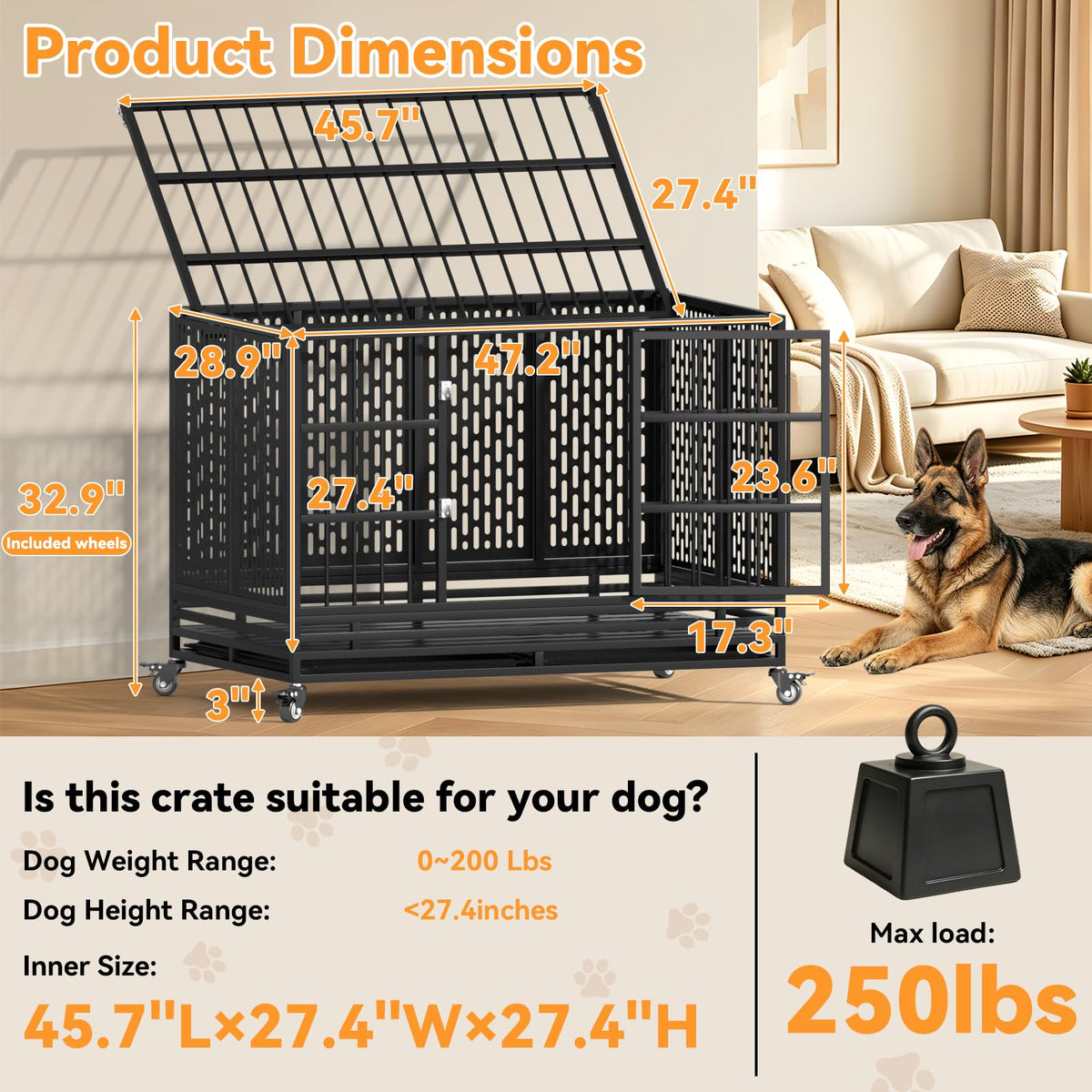 48 Inch Heavy Duty Metal Dog Crate with Wheels V269