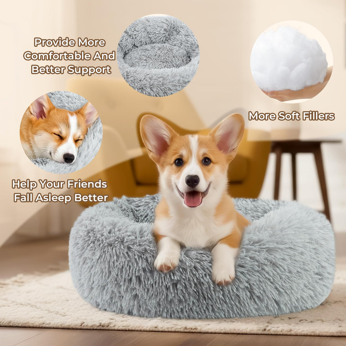 Round Fluffy Washable Anti-Anxiety Dog and Cat Bed Y56351