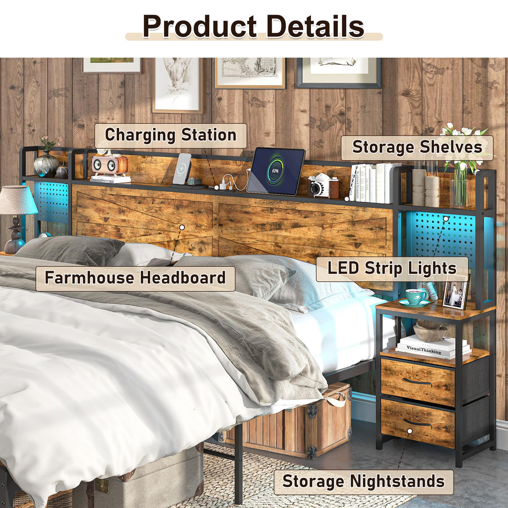 King Size Rustic Brown Bed Frame with Headboard and Nightstands Z365