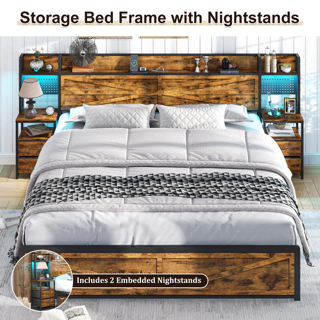 King Size Rustic Brown Bed Frame with Headboard and Nightstands Z365