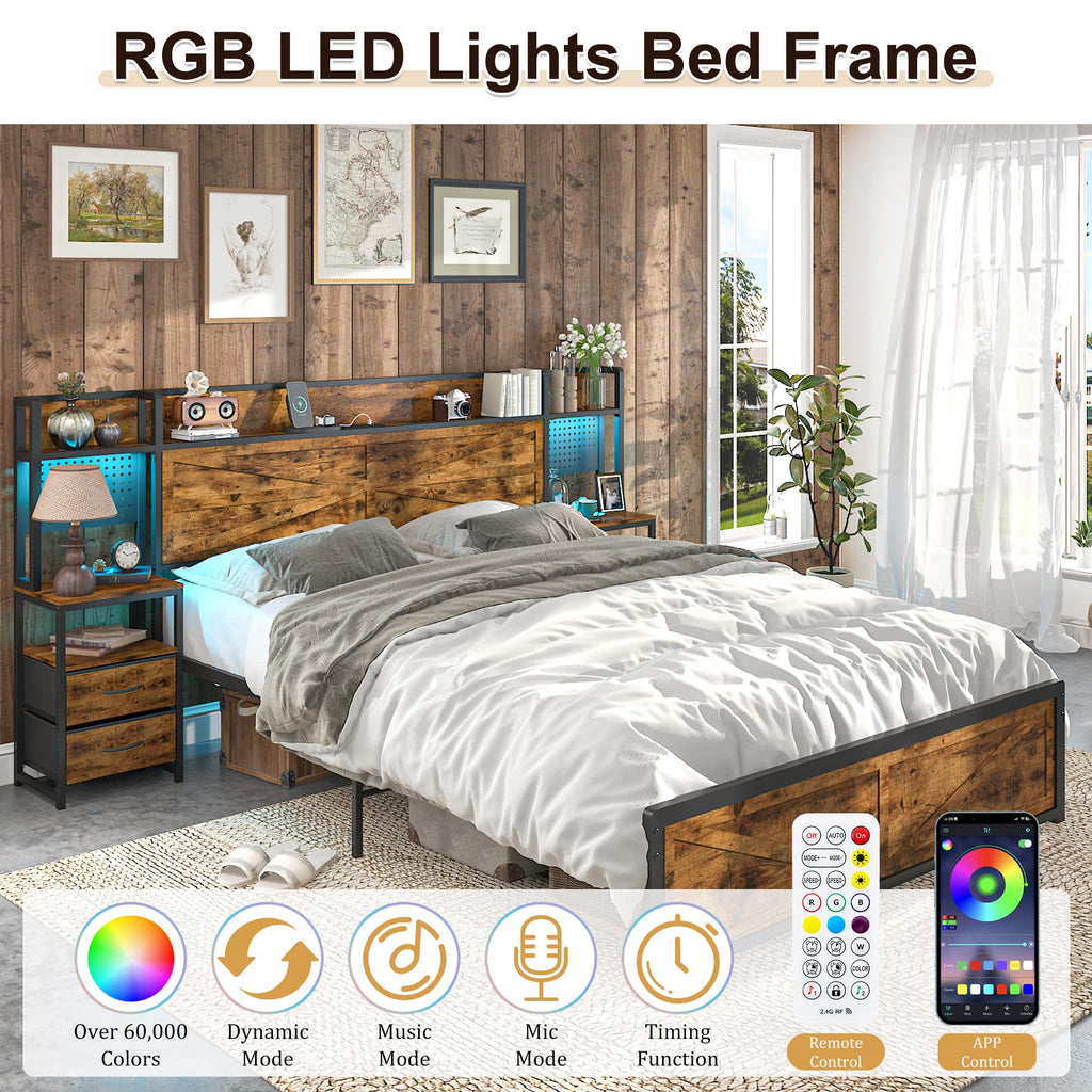 King Size Rustic Brown Bed Frame with Headboard and Nightstands Z365