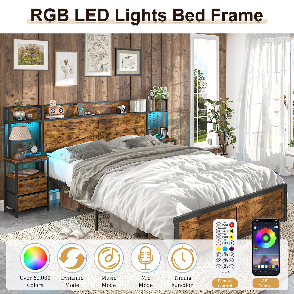 King Size Rustic Brown Bed Frame with Headboard and Nightstands Z365