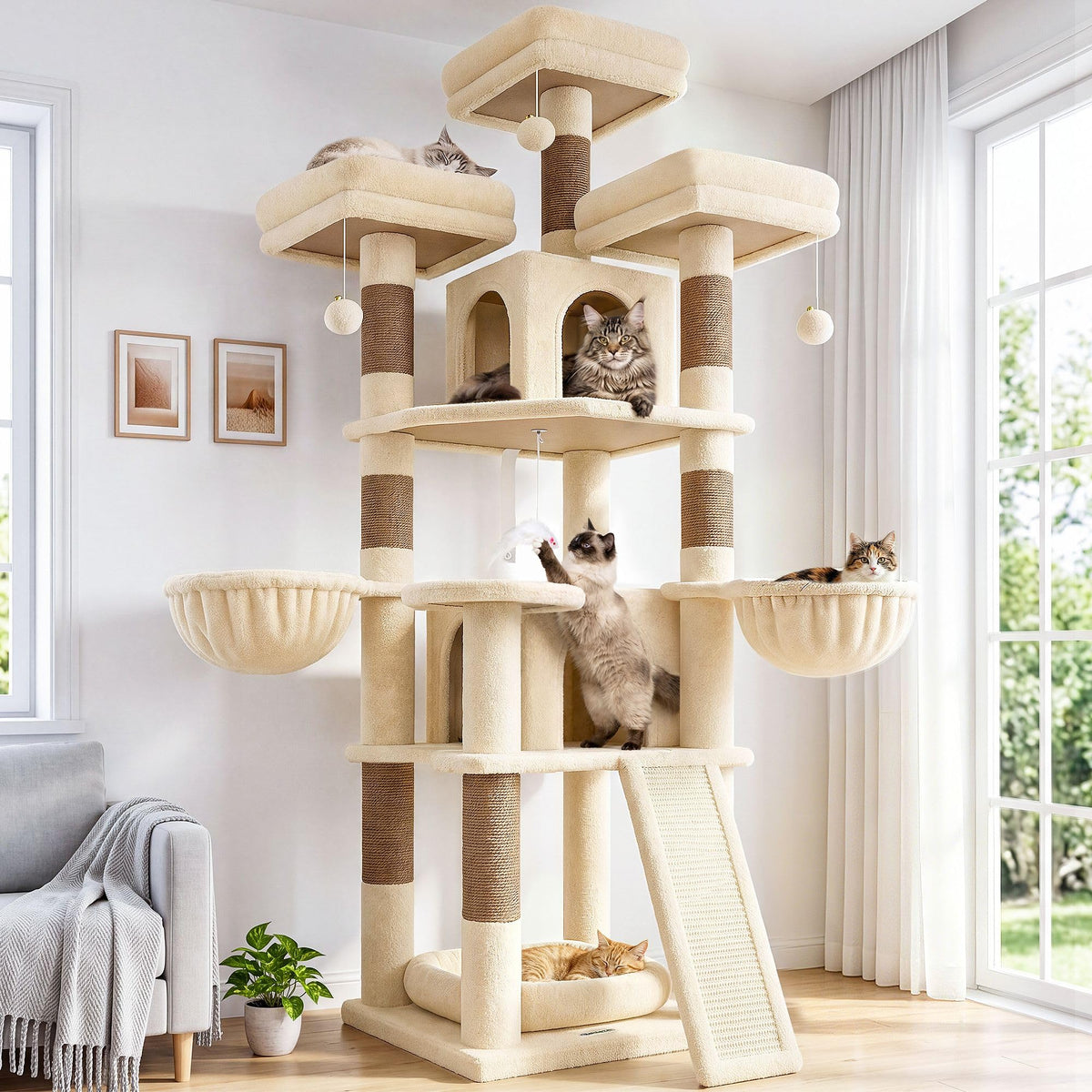 70 Inch Beige Cat Tower with Scratching Post F736952