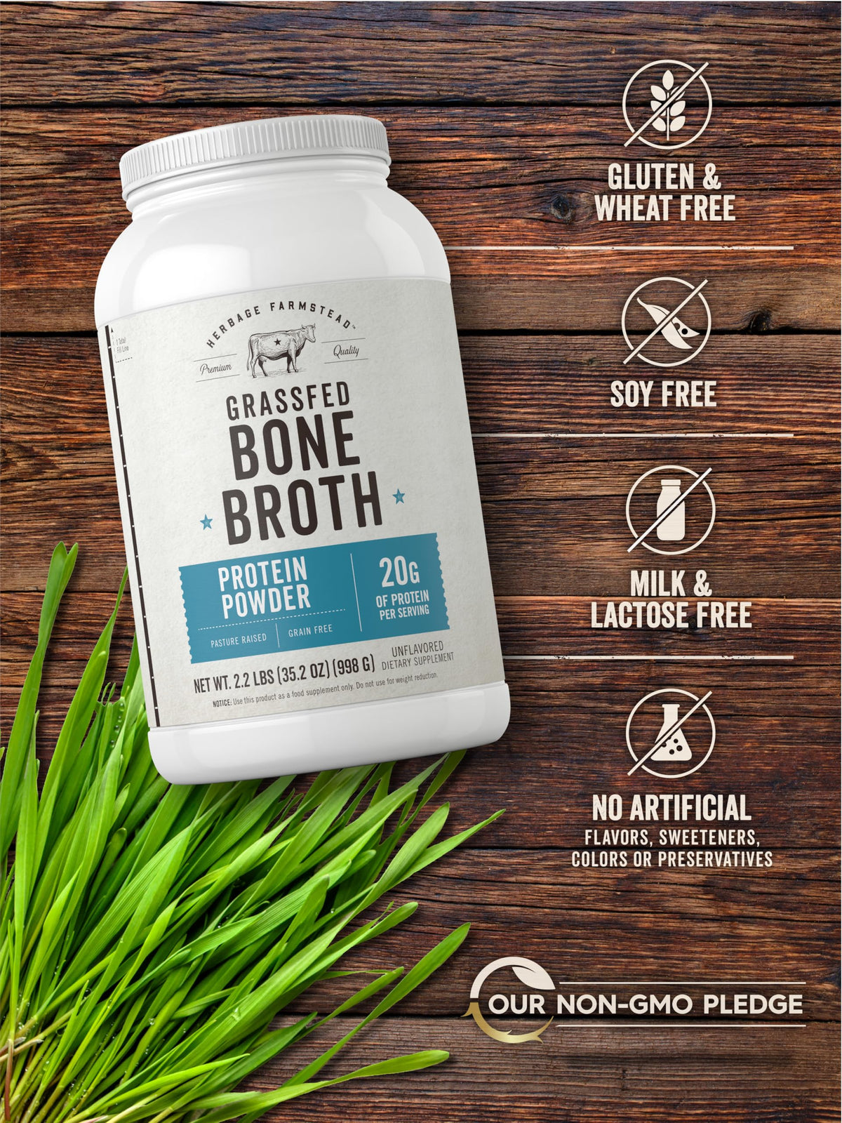 Grass Fed Bone Broth Protein Powder 35.2 oz 20g Protein Non-GMO Gluten Free I159