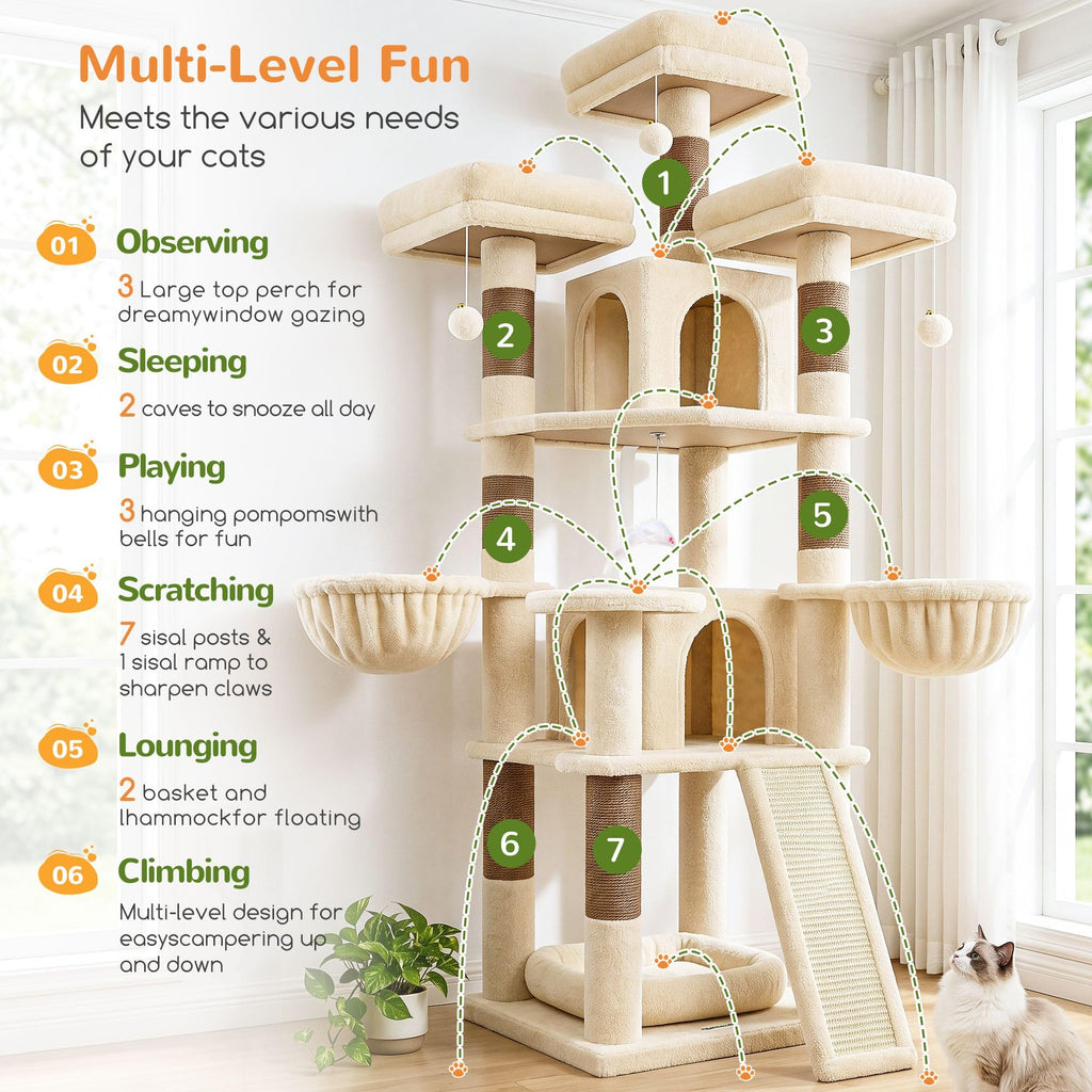 70 Inch Beige Cat Tower with Scratching Post F736952
