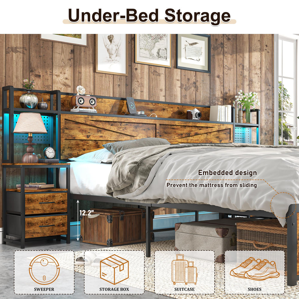 King Size Rustic Brown Bed Frame with Headboard and Nightstands Z365