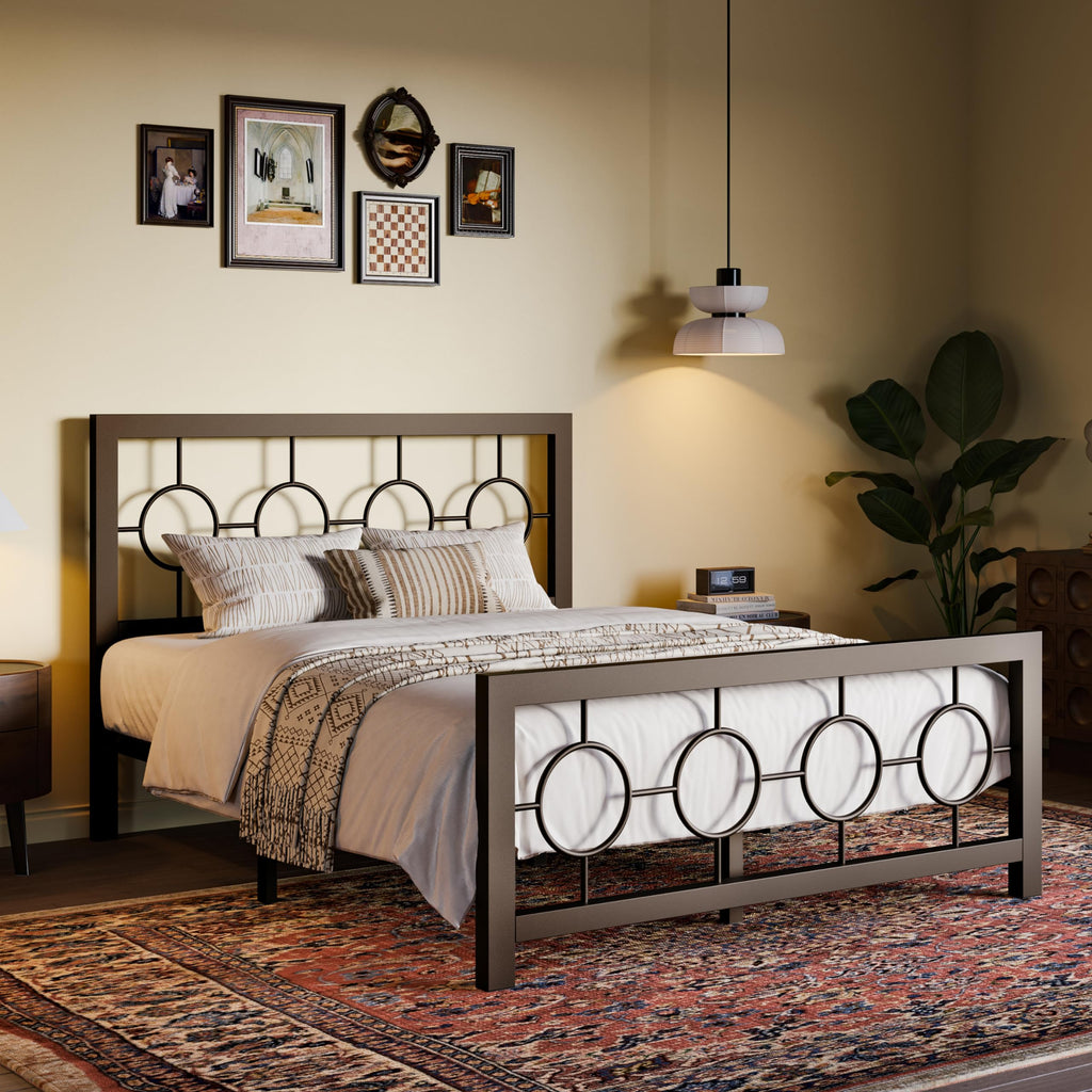 Full Size Brown Metal Bed Frame with Headboard and Footboard A4033