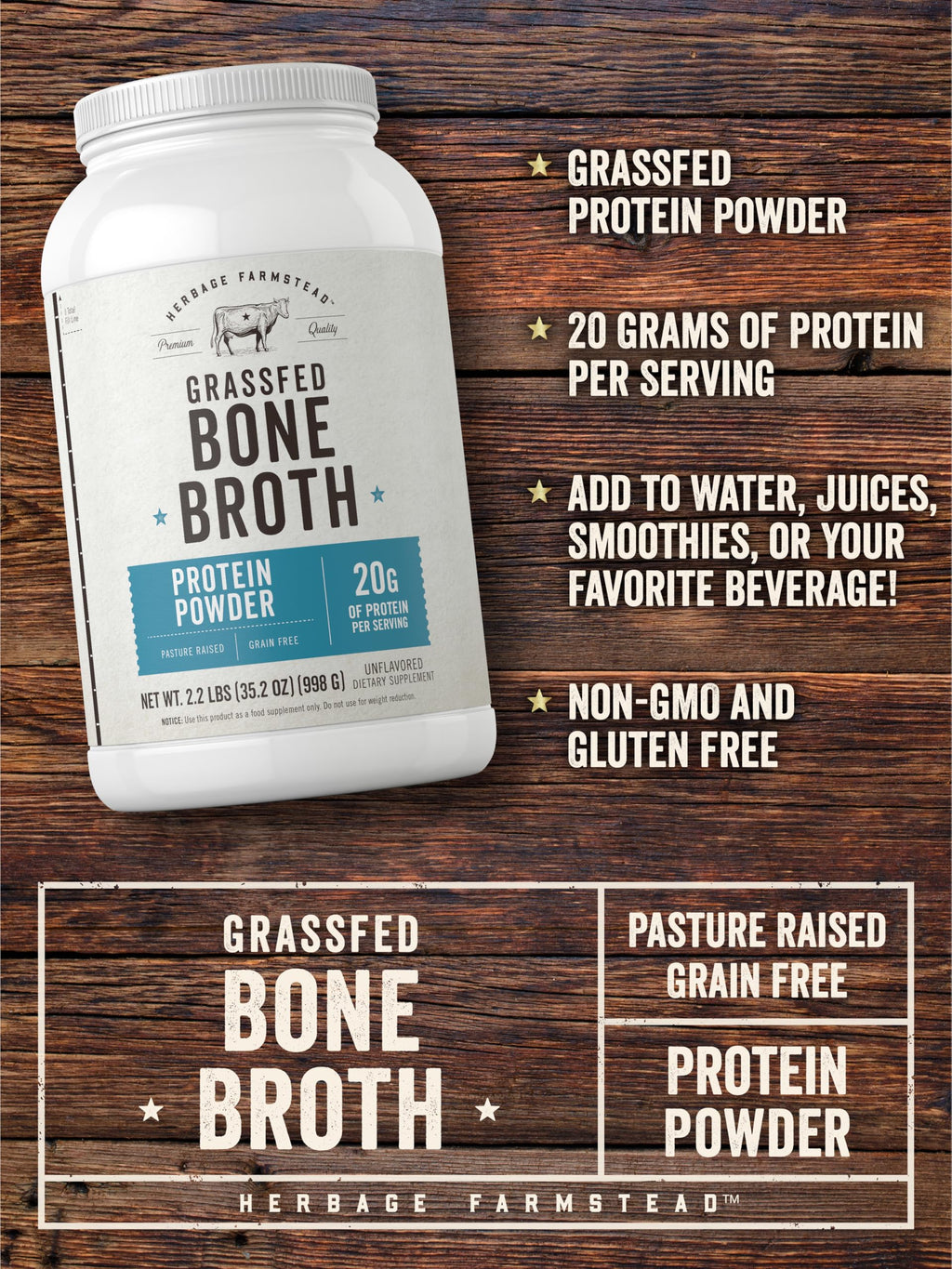 Grass Fed Bone Broth Protein Powder 35.2 oz 20g Protein Non-GMO Gluten Free I159