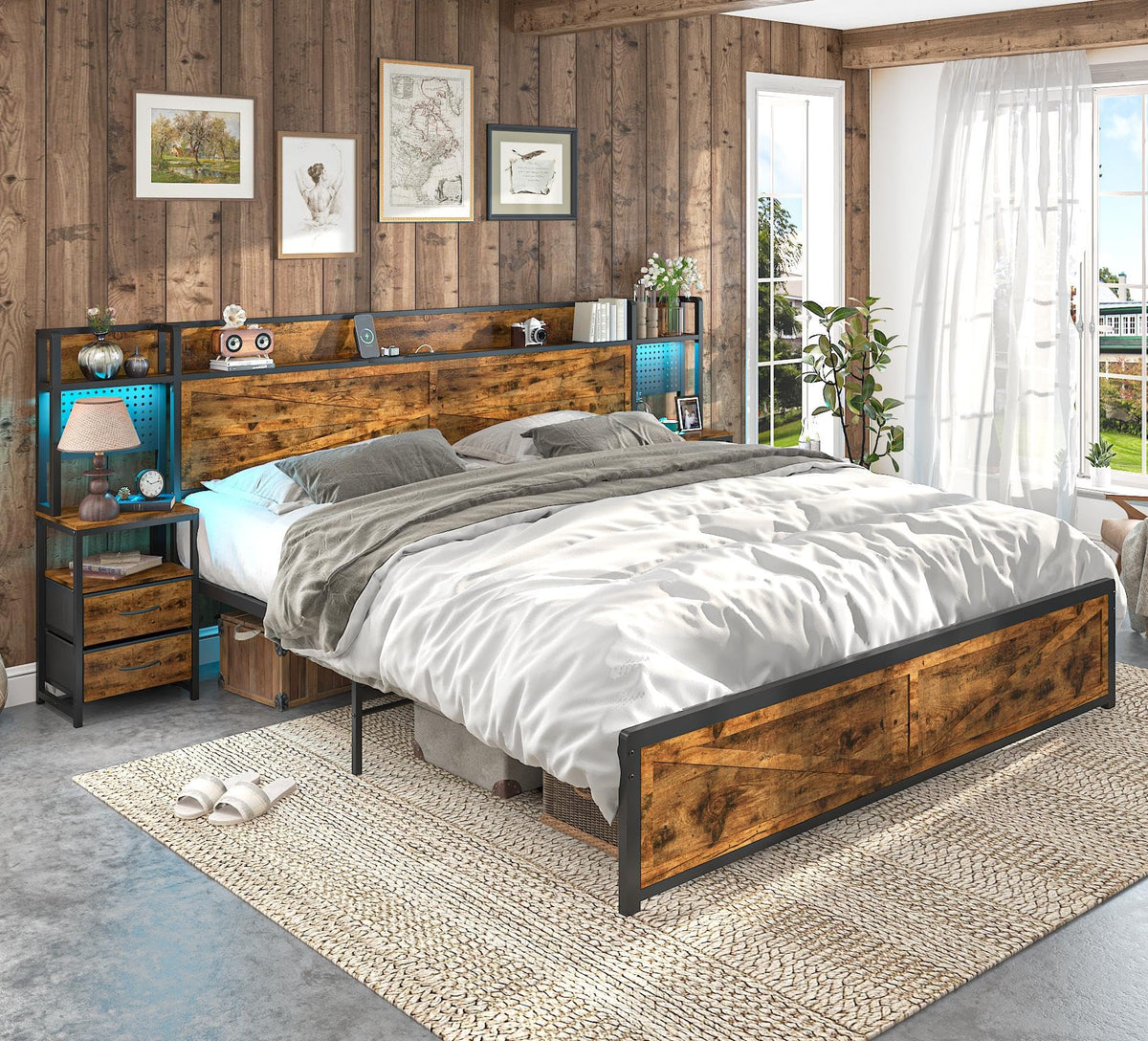 King Size Rustic Brown Bed Frame with Headboard and Nightstands Z365