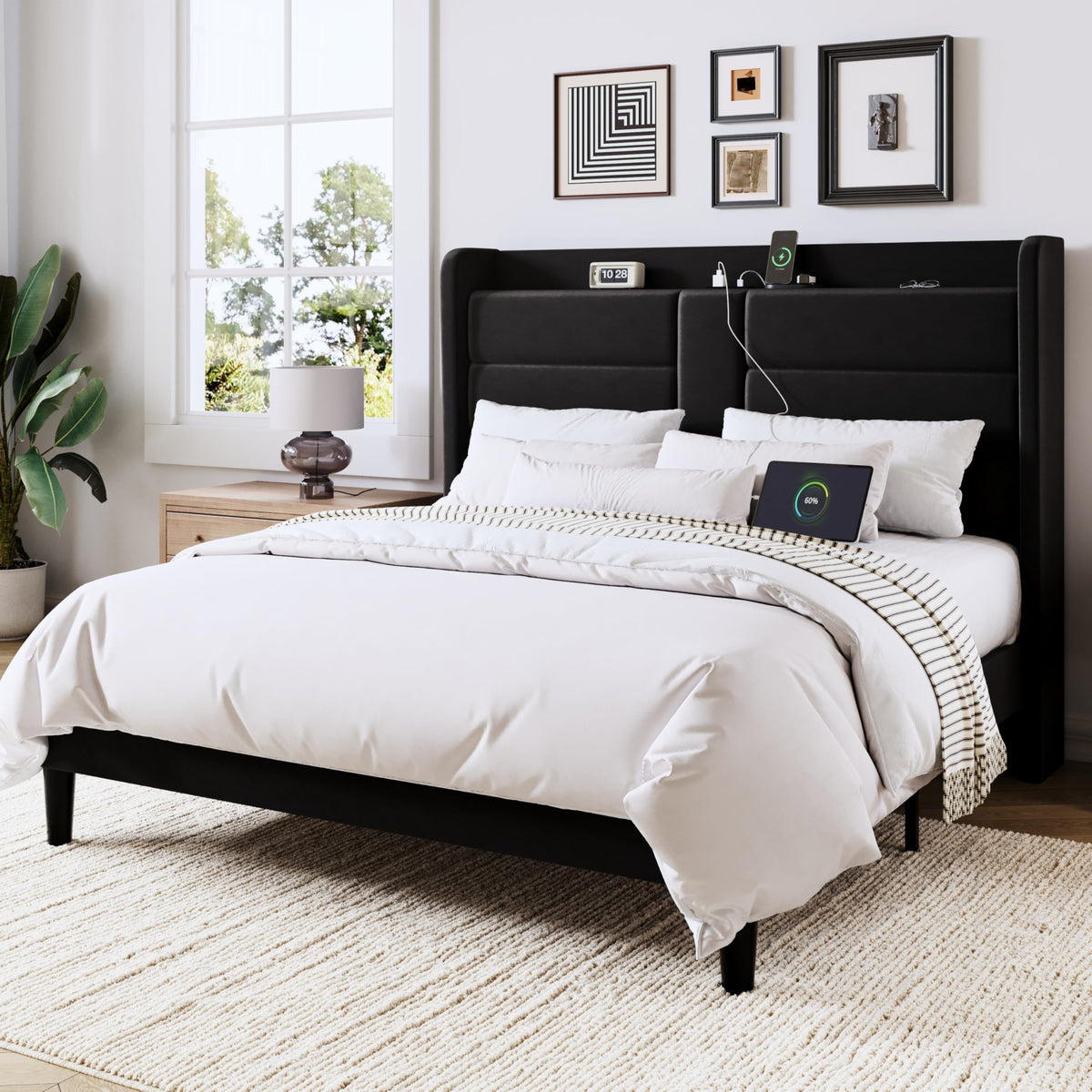 Queen Size Black Velvet Upholstered Platform Bed Frame with Storage Headboard T688