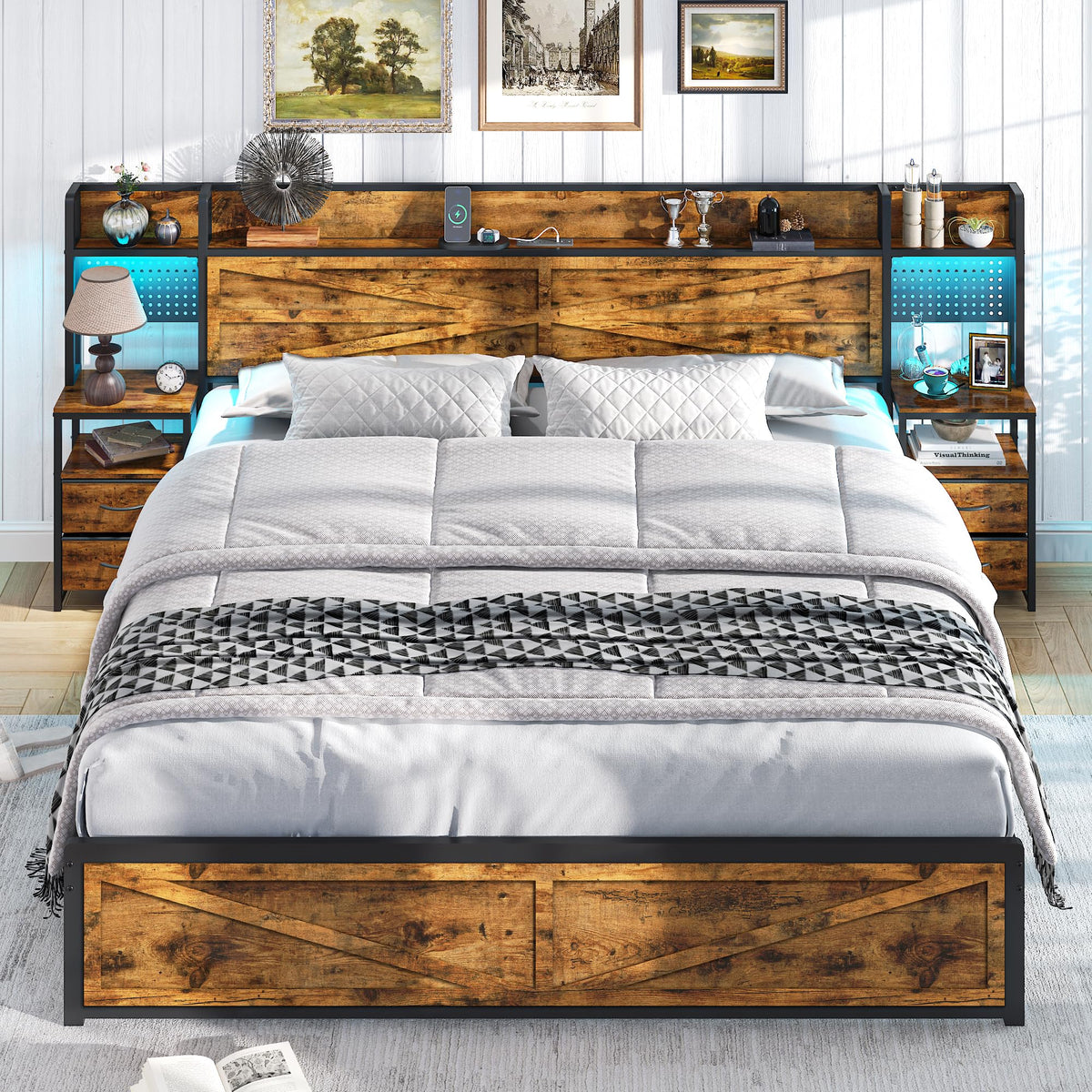 King Size Rustic Brown Bed Frame with Headboard and Nightstands Z365